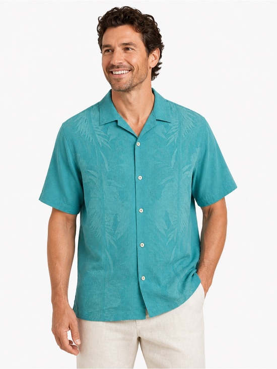 Tommy Bahama Other - Tommy Bahama Men’s L 100% Silk Camp Shirt Teal Blue Floral Jacquard